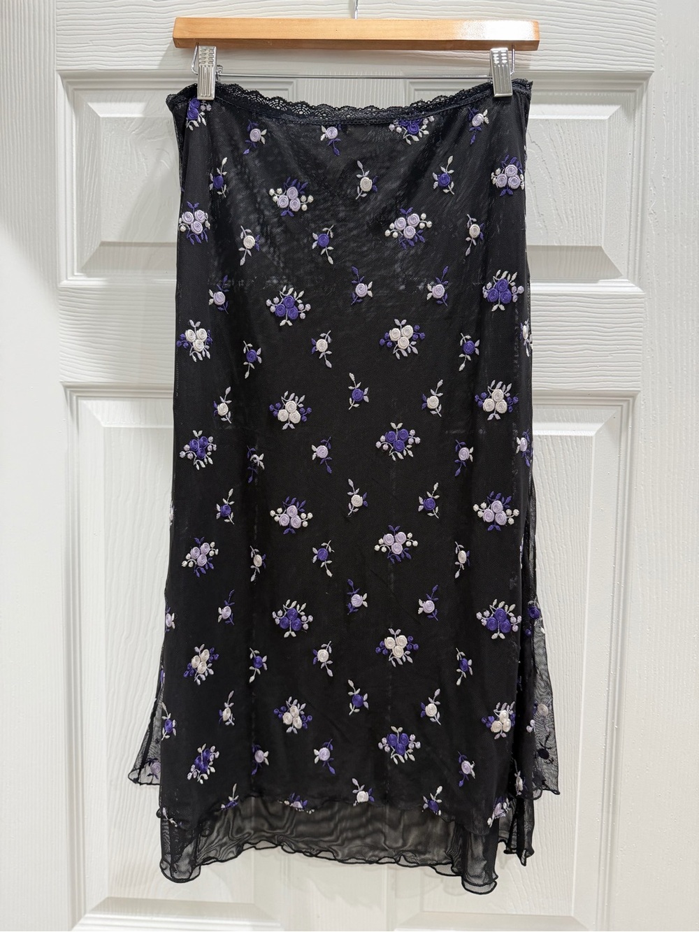 Free People Black SHEER Midi Skirt with Purple and White Floral Embroidery